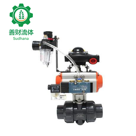 气动UPVC双由令球阀带三联件__善财流体sudhanafluid